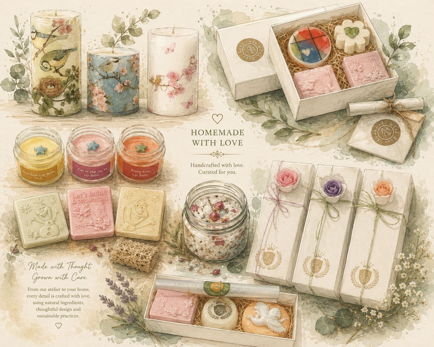 Atelier Care collage - hand-decorated botanical candles, tinted lip balms, whipped body butters, a rose-salt scrub and artisanal soaps arranged with eucalyptus and lavender.