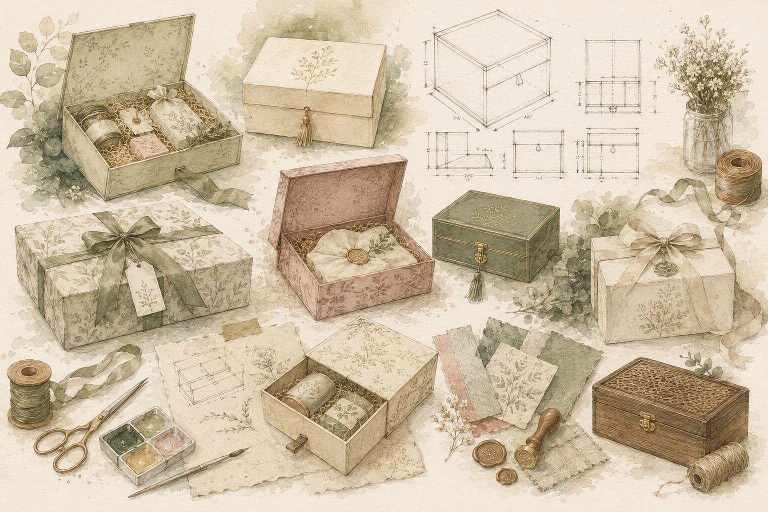 The Gifting Atelier collage - bespoke gift boxes in kappa, MDF and printed paper with ribbon, wax seals and botanical design sketches.