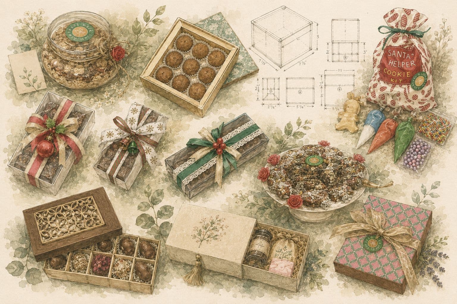 Gourmet Curation collage - heritage cookies, truffles, festive fruit cake, spice blends and ribbon-tied gift boxes arranged with foliage.